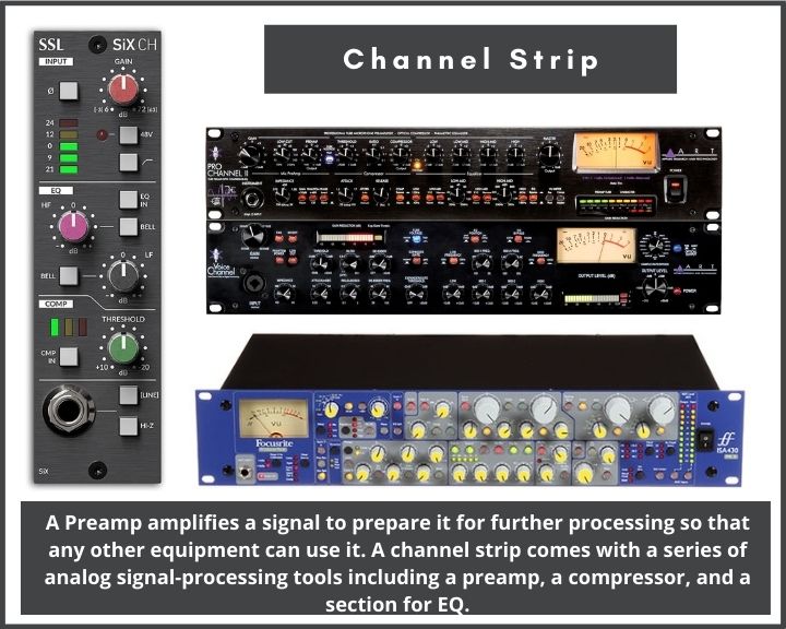 Image of several hardware channel strps. It also explains the difference between preamps and channel strips.