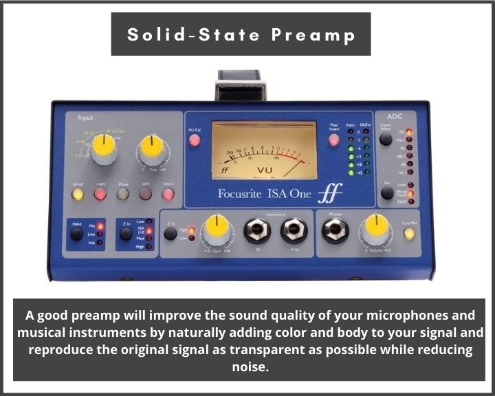 Image of a preamp, but also explains how a preamp helps improve a microphone or instrument audio signal.