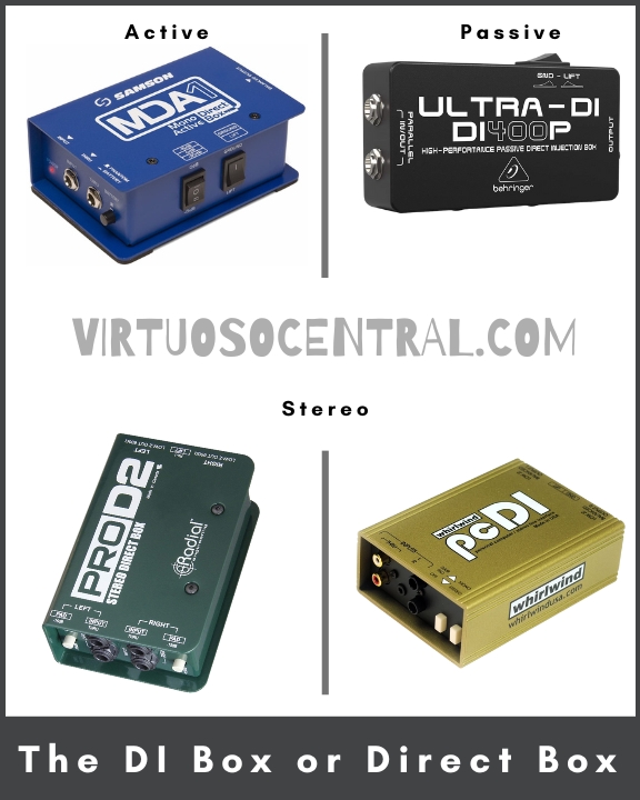 This image shows active, passive, and stereo direct insertion boxes DI-Box.
