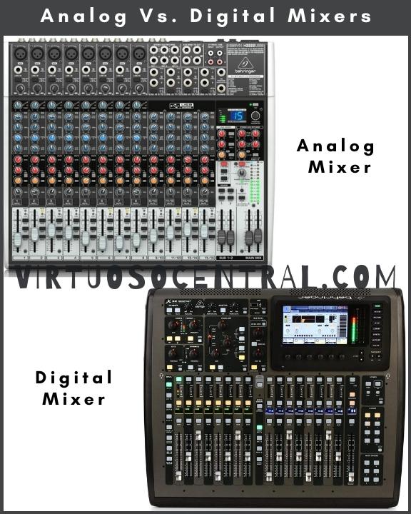 This image shows the image of an analog and digital audio mixer for comparison purposes